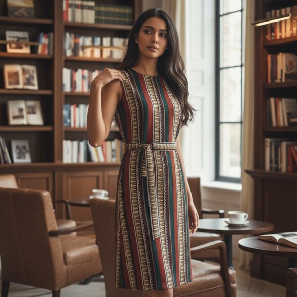 Tory Burch Julia Oceano Aztec Stripe Shoulder Button Detail Silk Dress Size 8 - Picture 5 of 10